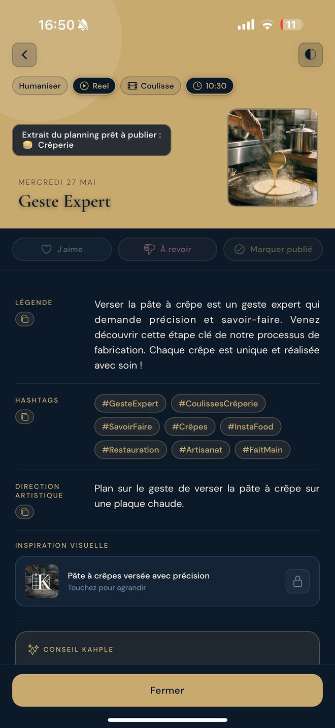 Capture de l'application KAHPLE — exemple de brief pour une crêperie